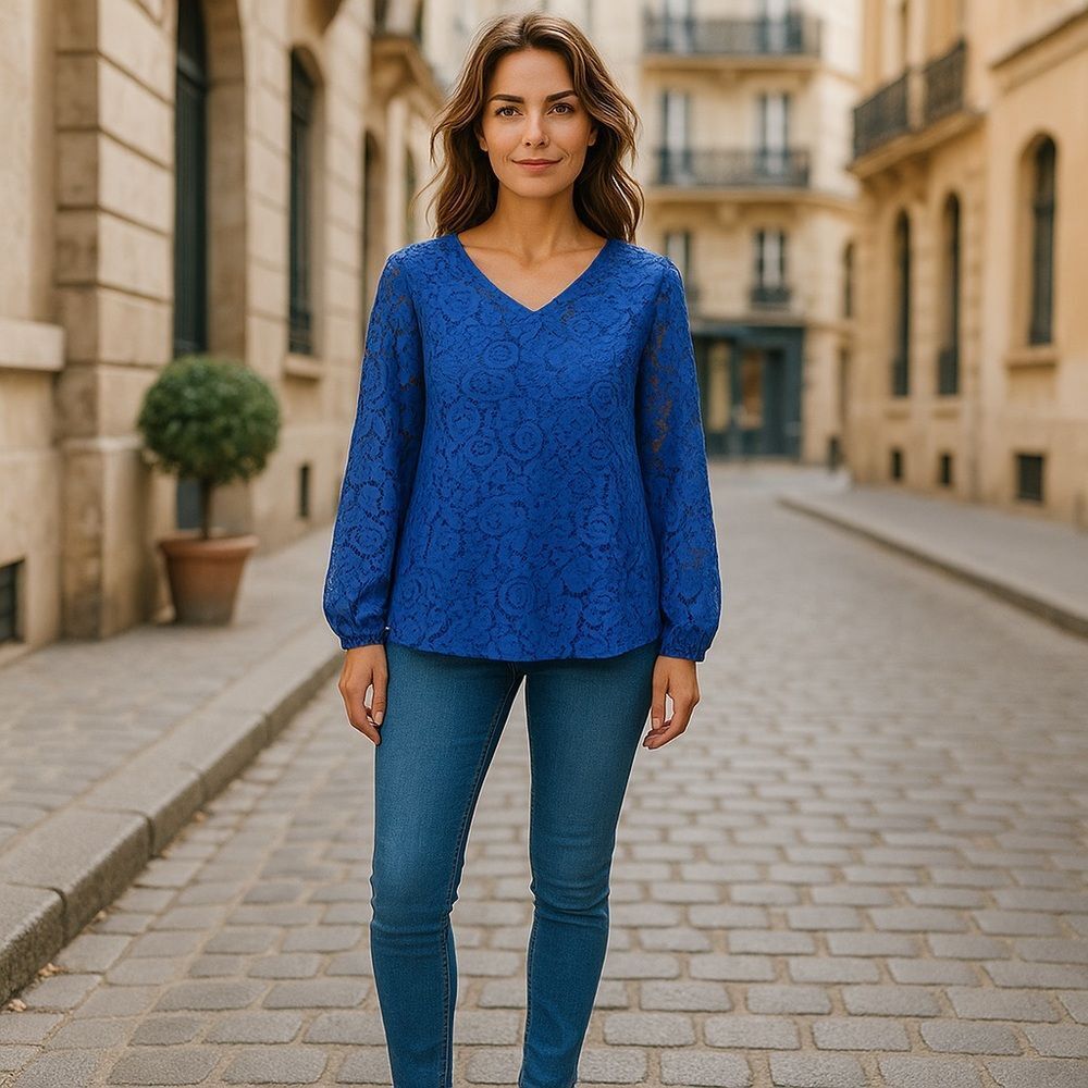 Blue Lace V-Neck Blouse‎